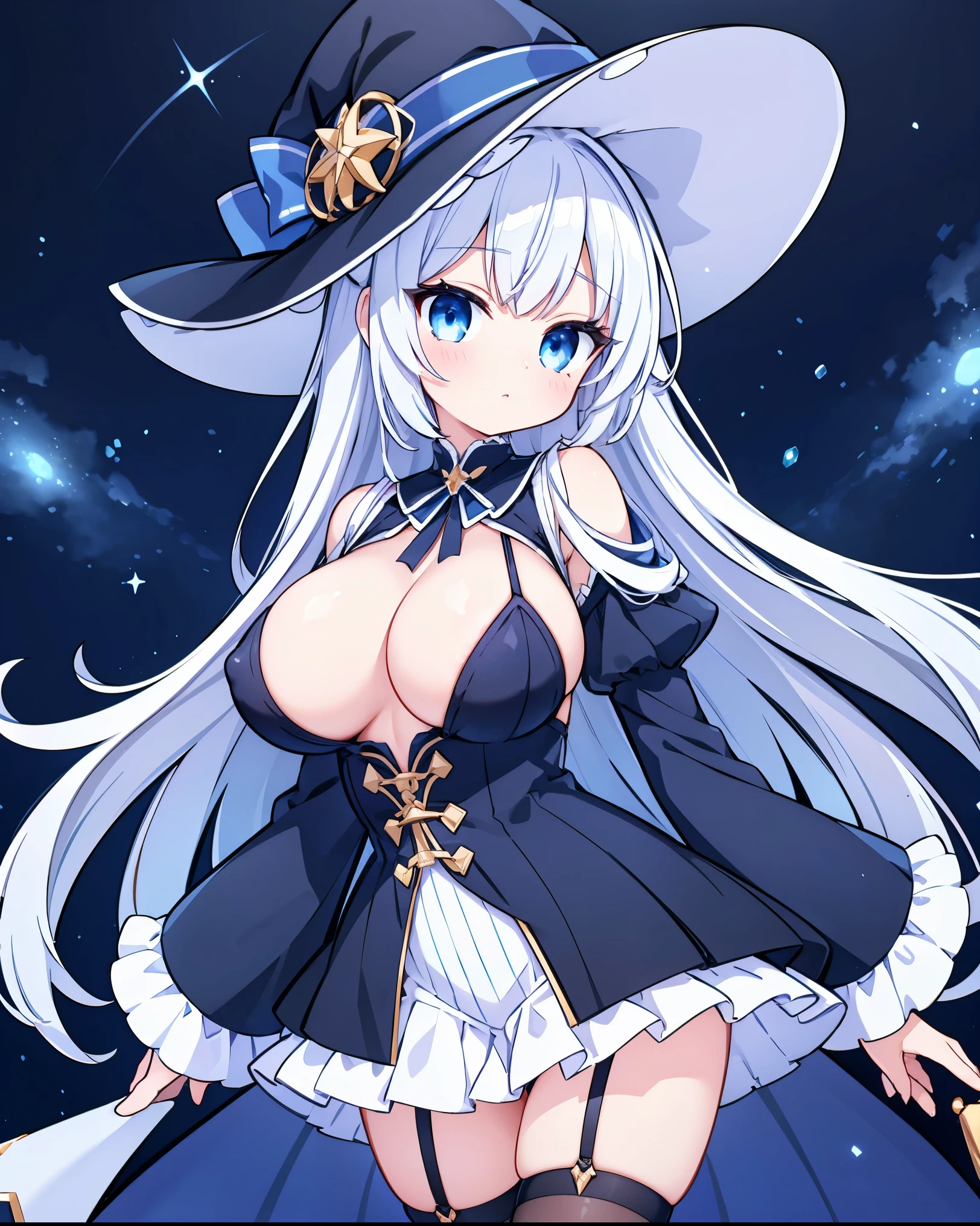 Extremely detailed CG unified 8k wallpaper, Very beautiful 8KCG wallpaper, best quality ，Ultra Detailed ，Pretty Face ，masterpiece、Top image quality、Top quality、White hair、Blue and white witch costume、witch hat、Light blue eyes，Background is starry sky，Open chest，Big Breasts，Big nipples，The nipple is prominent inside，transparent，The areola is large，Dark brown areola，Areola exposure，Wearing suspender black silk，Lower abdomen exposed，On the lower abdomen，Holding a magic wand，Arms straight down