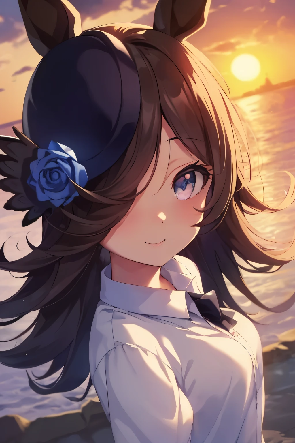 (Tabletop.highest quality).(Dynamic Angle). (CG paintings with attention to detail),(Perfect image)、Comic Strip.shape.1 girl.Detailed face、Perfect Face.Delicate face、Cute and delicate girl in a white shirt、Rough skin、Black Hair.length、(Umamimi Girl)Umamimi Girl、((Beautiful Blue Eyes)).繊細でBeautiful Eyes、Beautiful Eyes、Reflected Eyes、smile.(Looking at the audience:1.3).(Face is a little red:0.8)、8k wallpaper、Cowboy Shot、reflected light、Most detailed、Complex、((Delicate sea background、season summer))、Rough skin、Fine skin、(Super Resolution)、((Cute girl in white shirt))