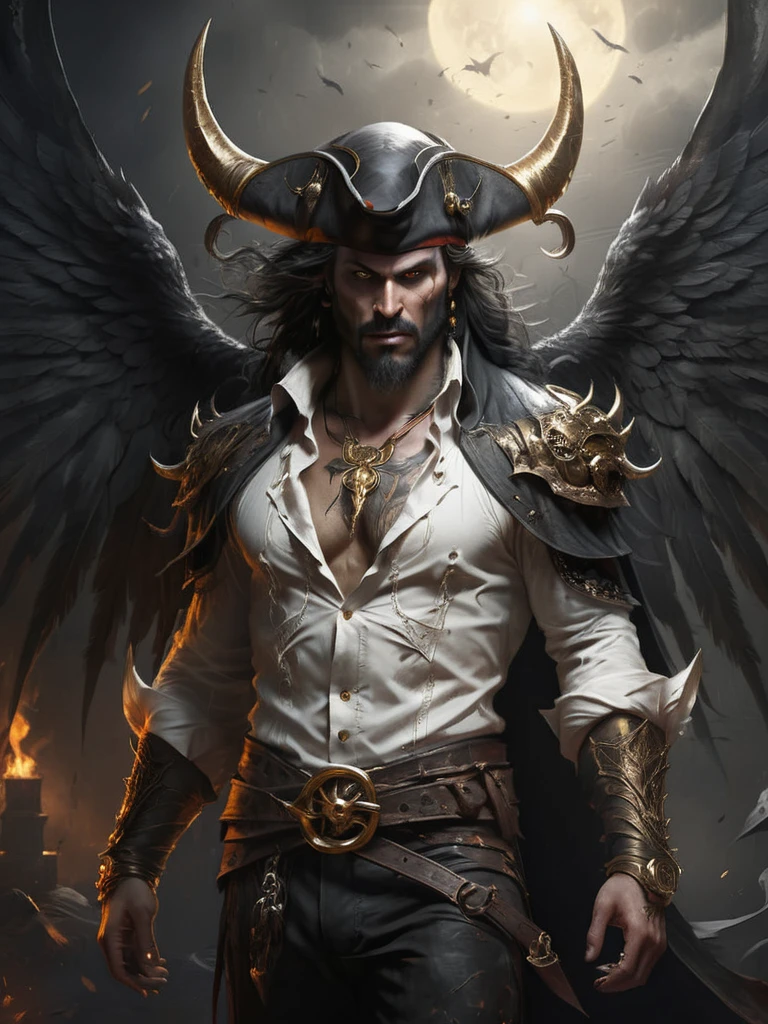 Worn skin pirate, tilted tricorn hat with turned brim, sun tanned skin, black beard, gold hoops, gold rings, nautical themed tattoo, loose white shirt, knee high leather boots, wide leather belt with large buckle , machete, sturdy ship with red sails in a port, barrels, boxes, coils of rope, in the style of Sam Spratt, Ben Templesmith and Alexander Jansson, demonic, AngelicStyle (black and white, monochrome, cinematography: 1.3), photorealistic, Pixar cartoon, hyper-detailed, film noir, analog style, soft lighting, subsurface scattering, realistic, deep shadows, masterpiece, best quality, ultra realistic, 8k, golden ratio, intricate, high detail, film photography, soft focus