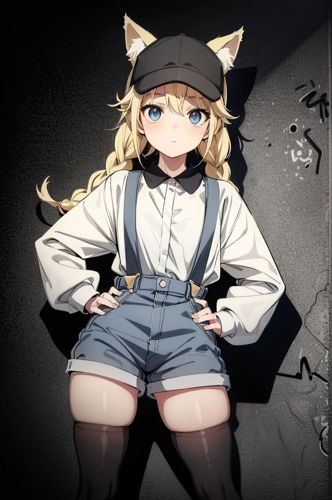 (((grayscale)))(masterpiece:1.2, best quality), (graffiti wall:1.15)woman wearing cute shorts and suspenders with cat ears on head, standing, 1girl, solo, animal ears, black hair, thighhighs, cat ears, looking at viewer,Eiko Tsukimi, blue eyes, braid, twin braids, (((blonde hair)))), semi long hair,baseball cap
