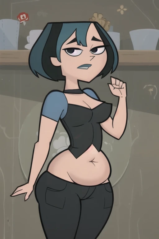 (8k, RAW photo, best quality, masterpiece:1.2), (intricate details), perfect eyes, perfect face, perfect lighting, beautiful, (masterpiece:1.2), (best quality:1.2), 1girl, cartoon style, gwentdi, solo, black eyes, face portrait, look at the viewer, chubby potbelly, pudgy, chubby, belly fat, belly rolls, belly hang