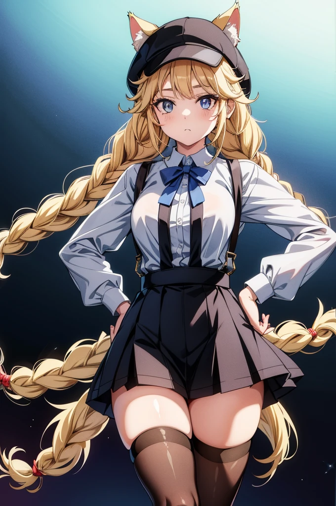 there is a woman with a cat hat wearing suspenders and a short skirt, 1girl, solo, braid, hat, twin braids, thighhighs, animal ears, long hair, shirt, blonde hair, suspenders, shorts, looking at viewer, shirt tucked in, skindentation, hand on hip, cat ears, white shirt, black headwear, thighs