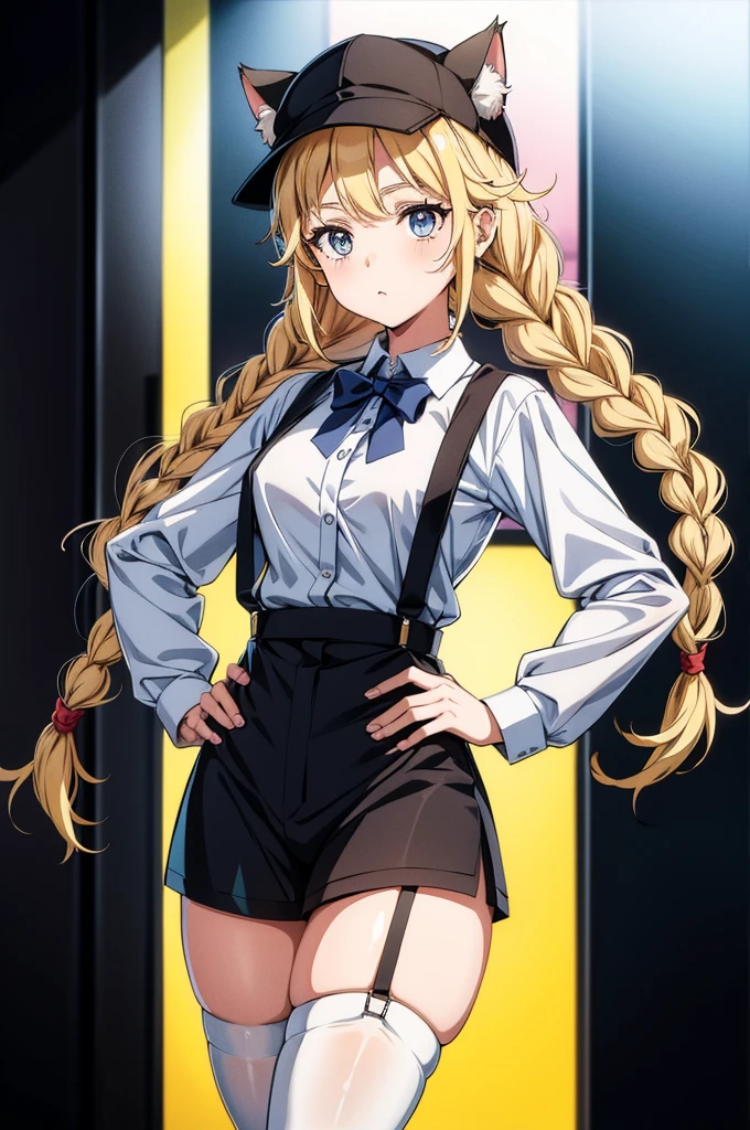 there is a woman with a cat hat wearing suspenders and a short skirt, 1girl, solo, braid, hat, twin braids, thighhighs, animal ears, long hair, shirt, blonde hair, suspenders, shorts, looking at viewer, shirt tucked in, skindentation, hand on hip, cat ears, white shirt, black headwear, thighs