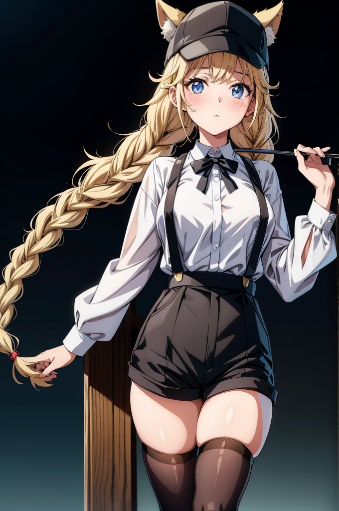 a anime style woman in white top with black suspenders and black stockings, 1girl, solo, twin braids, braid, hat, animal ears, thighhighs, blonde hair, long hair, shirt, shorts, blue eyes, suspenders, looking at viewer, blush, skindentation