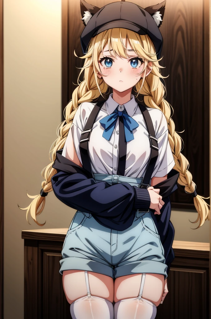 a anime style woman in white top with black suspenders and black stockings, 1girl, solo, twin braids, braid, hat, animal ears, thighhighs, blonde hair, long hair, shirt, shorts, blue eyes, suspenders, looking at viewer, blush, skindentation