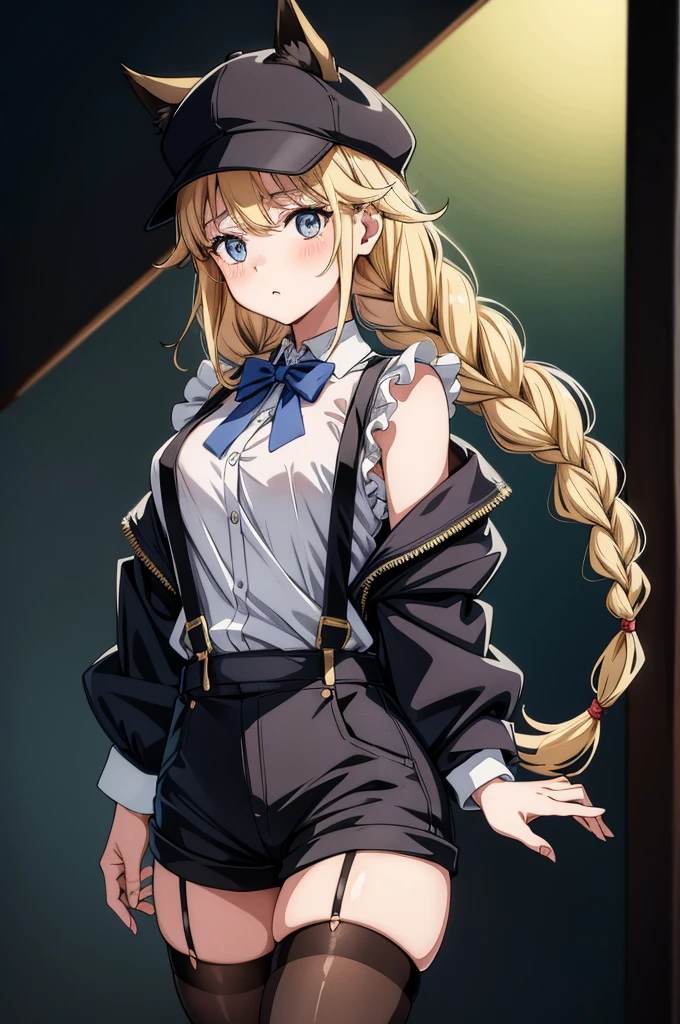 a anime style woman in white top with black suspenders and black stockings, 1girl, solo, twin braids, braid, hat, animal ears, thighhighs, blonde hair, long hair, shirt, shorts, blue eyes, suspenders, looking at viewer, blush, skindentation