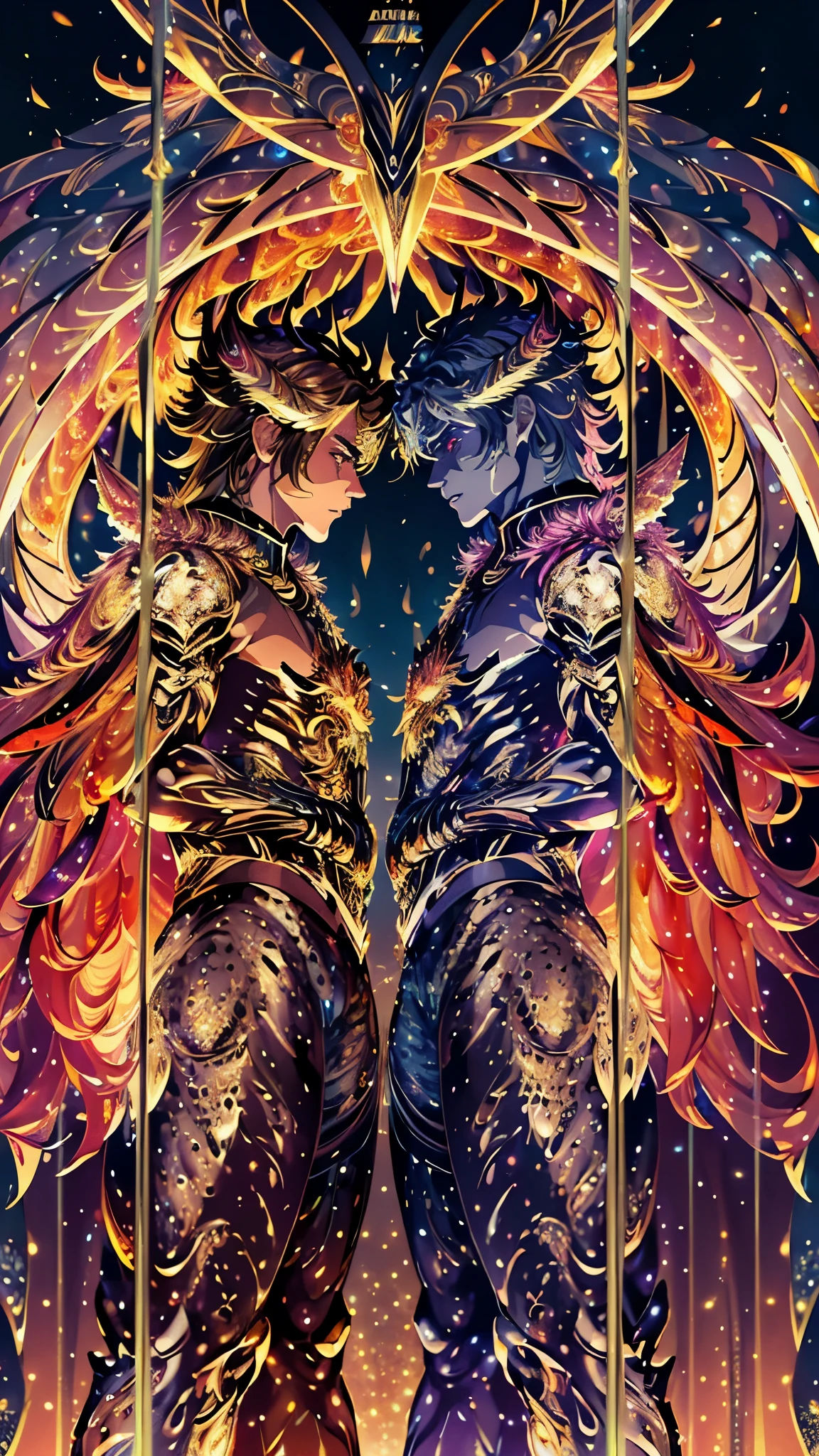 (NSFW, (((Masterpiece, Best Quality, Digital Art))), (Shiny, metallic scales), (nfdsw, 8K Wallpaper, High resolution), Detailed horns and tail feathers, Grandiose aura, Glowing, ethereal halos, Dramatic, contrasting colors, Highly textured fur or skin, Cinematic lighting, Perspective shifts, Epic battle scene, (Two male figures:2.0), King Devil: Muscular build, Red skin, Glowing eyes, Wings spread wide, Smoke trailing from his body, King God: Tall, toned figure, Golden aura, Gripping his scepter, Radiant