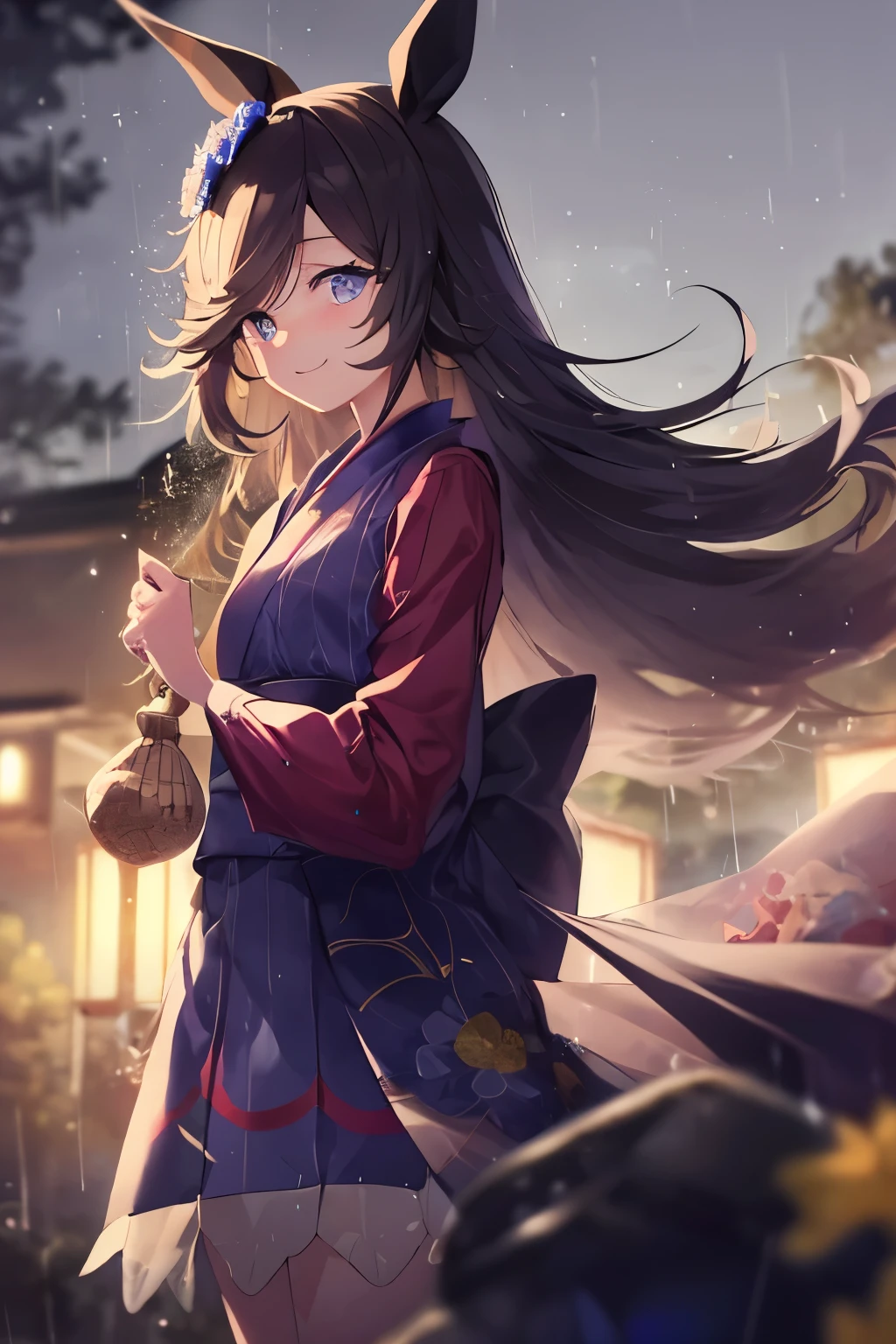 (Tabletop.highest quality).(Dynamic Angle). (CG paintings with attention to detail),(Perfect image)、Comic Strip.shape.1 girl.Detailed face、Perfect Face.Delicate face、Cute and delicate girl in kimono、Rough skin、Black Hair.length、(Umamimi Girl)Umamimi Girl、((Beautiful Blue Eyes)).繊細でBeautiful Eyes、Beautiful Eyes、Reflected Eyes、smile.(Looking at the audience:1.3).(Face is a little red:0.8)、8k wallpaper、Cowboy Shot、reflected light、Most detailed、Complex、((Delicate rain background、season summer、night))、Rough skin、Fine skin、(Super Resolution)、((Cute girl in Japanese clothes))
