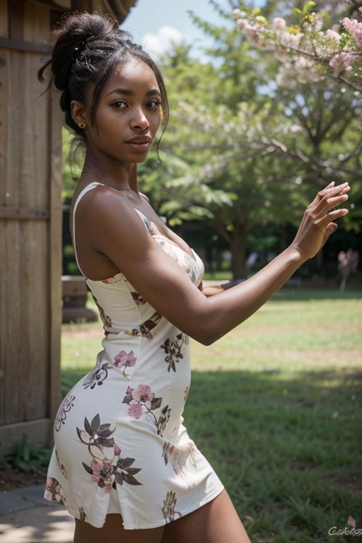 Beautiful ebony African girl, modelo nigeriano, pele negra muito escura, cabelo preto comprido, cherry tree, florescer, templo , elegante short dourado com motivo floral, vestido decotado