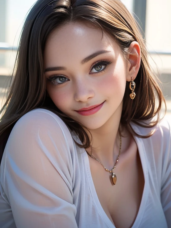 (best quality, 8k, photorealistic:1.5), (solo, one girl:1.5),(shine a bright light on women),(ultimate beautiful girl),(shiny skin),(oily skin),(long hair:1.3),(cool beauty:1.5),(Blush brown makeup),(use pink glossy lipstick),(big beady eyes girl:1.5),(droopy eyes girl:1.5),(Big Eyes),(healthy body),(sweet smelling girl),(virgin girl),chuuChloe,(impressive eyes),(clean girl),(cute),(relaxing time),(compassion),(impurity),(love filled),(No love experience),(teenager:1.2),(Lovely),(high school student:1.5),(smile:1.5)