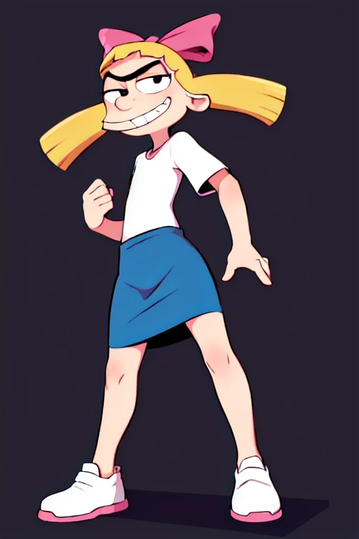 Blonde hair, floating hair, black eyes, twintails, unibrow, bow, White shirt, Pink dress, white shoes, looking on viewer, grin, from_below, high quality, masterpiece, slim body, flat torso, Angry, ass