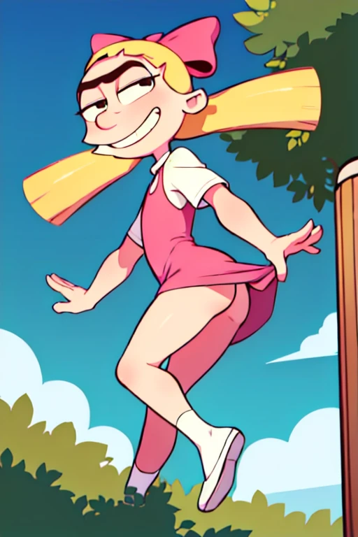 Blonde hair, floating hair, black eyes, twintails, unibrow, bow, White shirt, Pink dress, white shoes, looking on viewer, grin, from_below, high quality, masterpiece, slim body, flat torso, Angry, ass