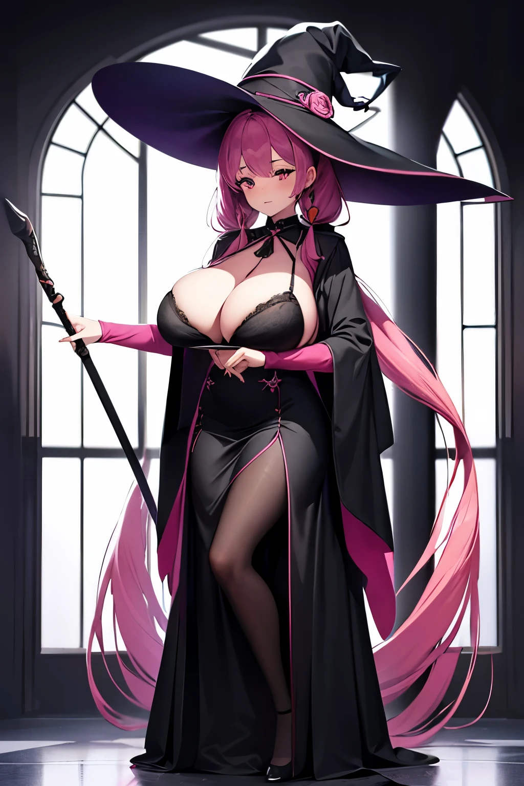 girl, witch, big hat, full body, huge breast, big staff,  window, long dress, black dress, pink hair, hime cut, long hair, low twintail, facing camera, white bra