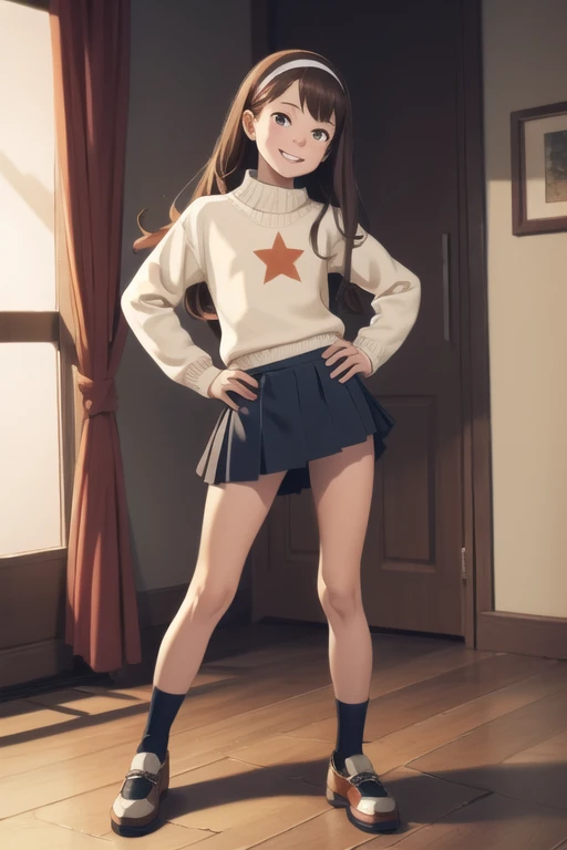 masterpiece, maple pines, Brown hair, long hair, hair band, flat chest, smile, Braces, Sweater, skirt, shoes, star print, hands on hips, in room, panties, pantyshot