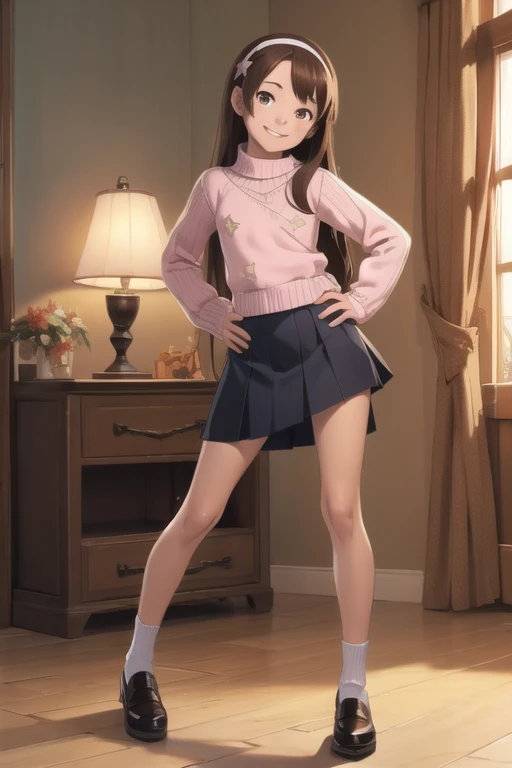 masterpiece, maple pines, Brown hair, long hair, hair band, flat chest, smile, Braces, Sweater, skirt, shoes, star print, hands on hips, in room, panties, pantyshot