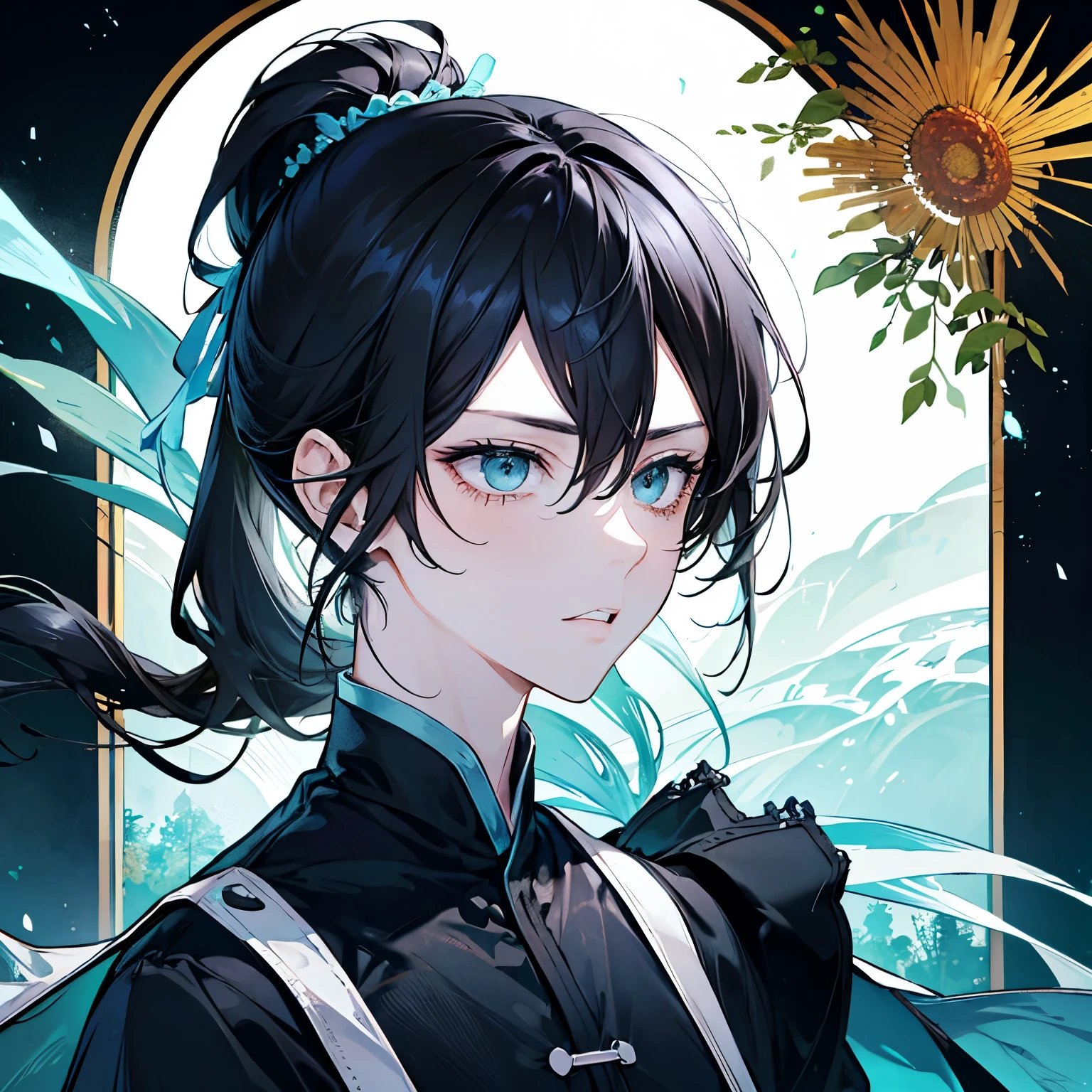 high resolution、high quality、male、Black hair ponytail、Green Eyes、Slender、light blue haori、serious、Landscape、breast enhancement