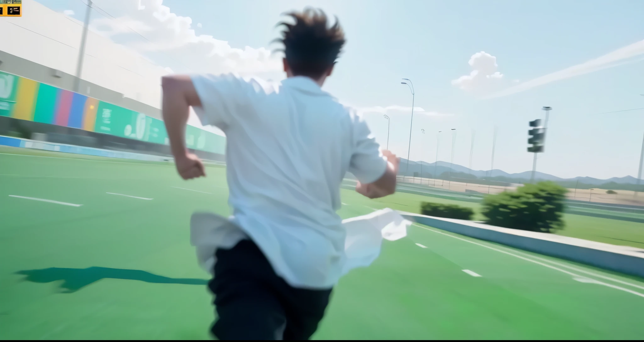 There is a man standing on a soccer field., still from a video musical, corriendo hacia la camara, Running fast to the camera, running towards the camera, Screenshot of YouTube video, screenshot from a movie, video musical, metraje realista, still from a live action movie, metraje de baja calidad, chasing action scene, cinematic action shot, super slowmotion, corriendo libremente