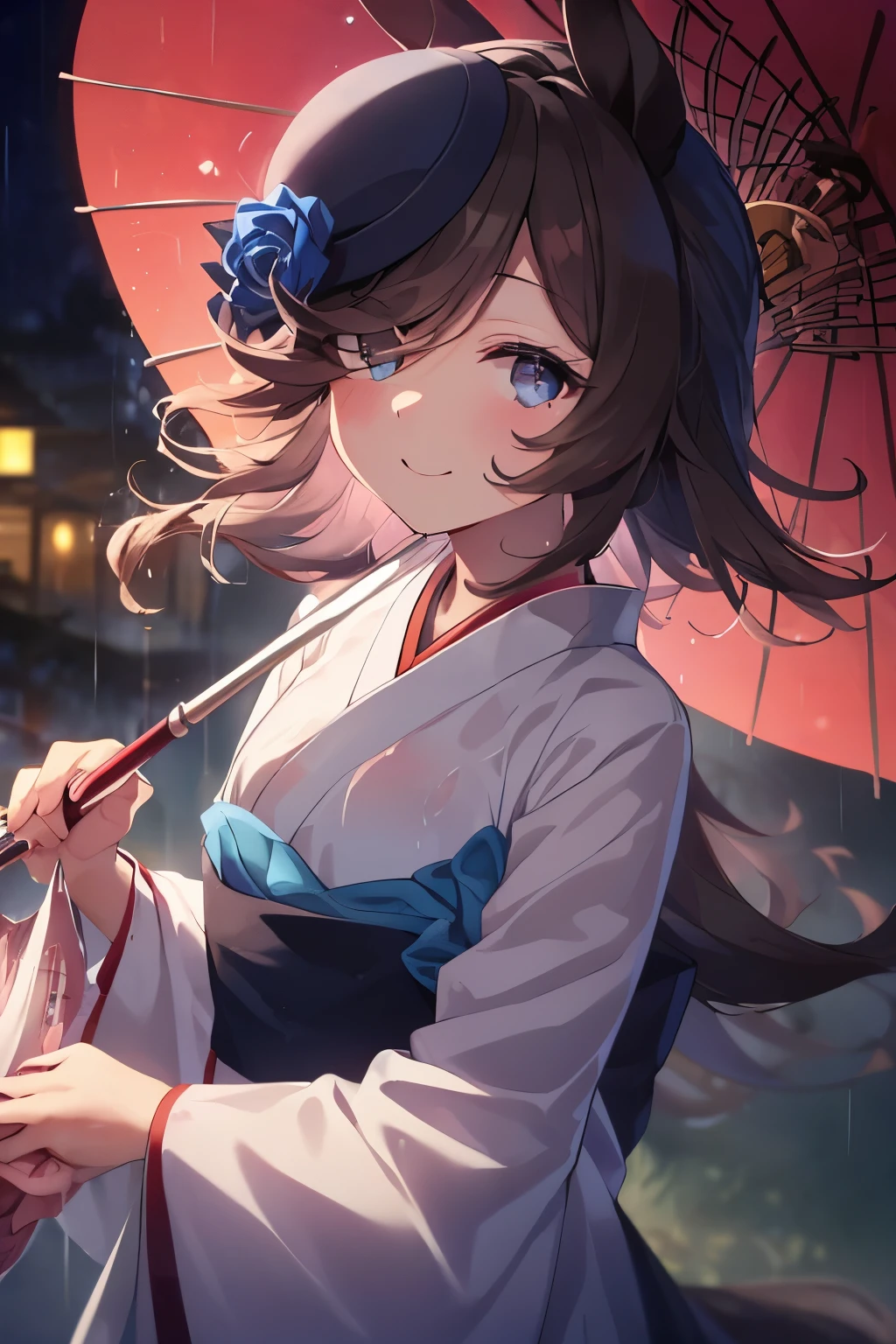 (Tabletop.highest quality).(Dynamic Angle). (CG paintings with attention to detail),(Perfect image)、Comic Strip.shape.1 girl.Detailed face、Perfect Face.Delicate face、Cute and delicate girl in kimono、Rough skin、Black Hair.length、(Umamimi Girl)Umamimi Girl、((Beautiful Blue Eyes)).繊細でBeautiful Eyes、Beautiful Eyes、Reflected Eyes、smile.(Looking at the audience:1.3).(Face is a little red:0.8)、8k wallpaper、Cowboy Shot、reflected light、Most detailed、Complex、((Delicate rain background、season summer、night))、Rough skin、Fine skin、(Super Resolution)、((Cute girl in Japanese clothes))、((Holding a red Japanese umbrella))