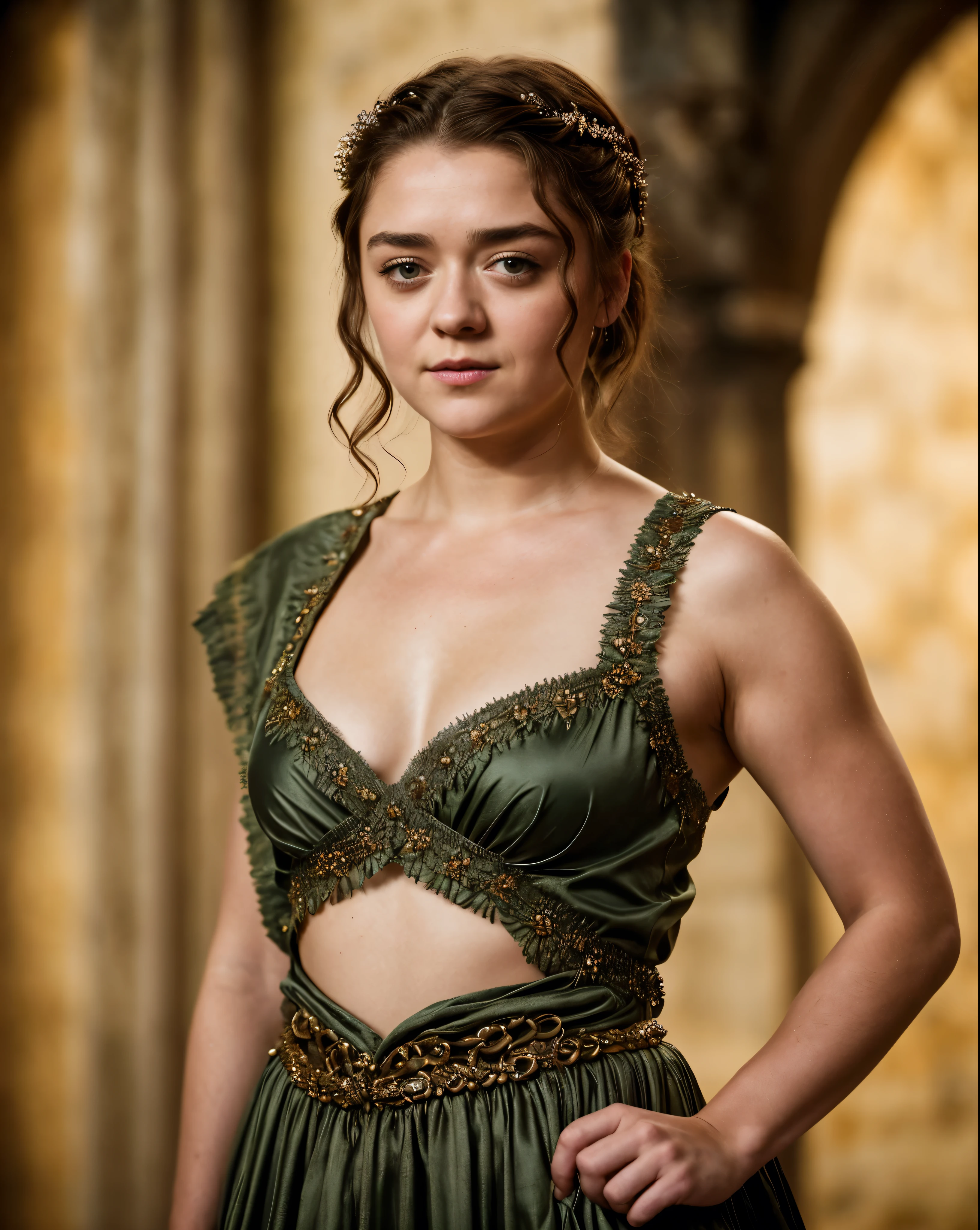 Foto RAW, Arya Stark, Extremely gorgeous lady, Arya Stark PLAYED BY MAISIE WILLIAMS, Queen Arya Stark, she  a mature woman now, milf, sexy mediaeval battle dress, gladiator woman, body, 40 years old Woman, body revealing costumes, perky breast, big natural breast, erotic costumes, lusty physique, seductive figure can capture every people's attention, Game of thrones costumes, revealing captivating figure, Mediaeval costumes, revealing clothes, A tomboy, she would rather fence than dance, warrior queen , game of thrones screen caps, Game of Thrones Series, (pele altamente detalhada: 1.2), 8k UHD, DSLR, soft-lighting, alta qualidade, grain of film, Fujifilm XT3, flawless picture, highly detailed, detailed Beauty, intricate, 32k, sharp picture,