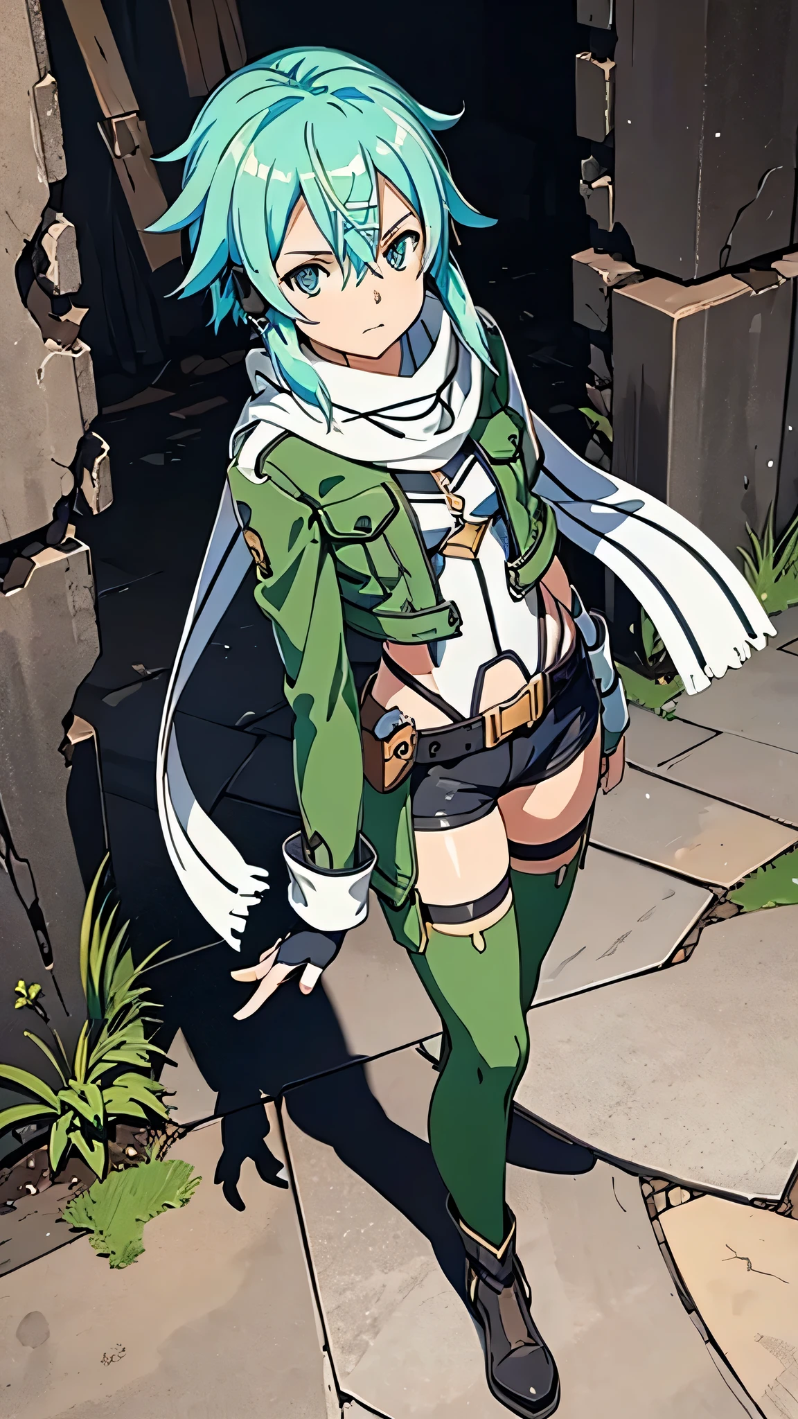 (masterpiece), best quality, expressive eyes, perfect face, highres, sinon1, scarf, fingerless gloves, long sleeves, short shorts, hair ornament, hairclip, green thighhighs, green jacket, thigh strap, field, ruins background, ruined structures, standing, portrait, looking at the viewer, (from above:1.2)