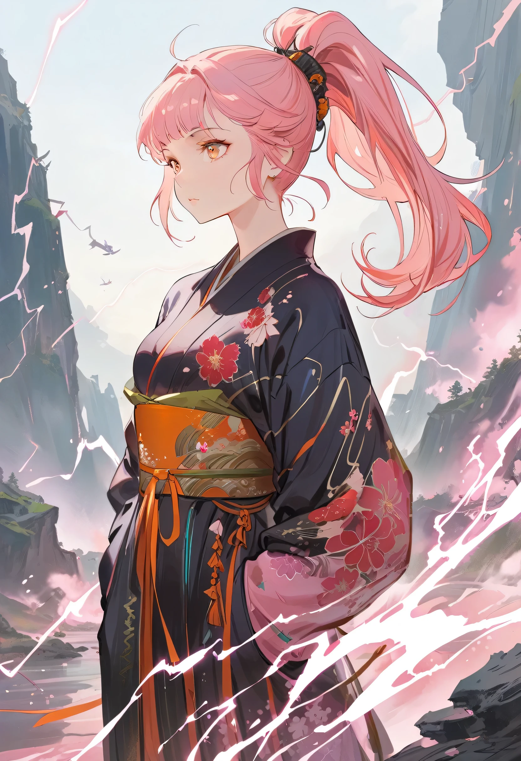 (masterpiece), Japanese cartoons, (photo_(Moderate):1.0), author Antonio J. Manzanedo, author：Jeremy Lipking, 1 Girl, lightning, In a surreal landscape, Watercolor style, Brushstrokes, Unbutton, Orange eyes, Ponytail, Pink Hair, Cyberpunk, Japanese clothes