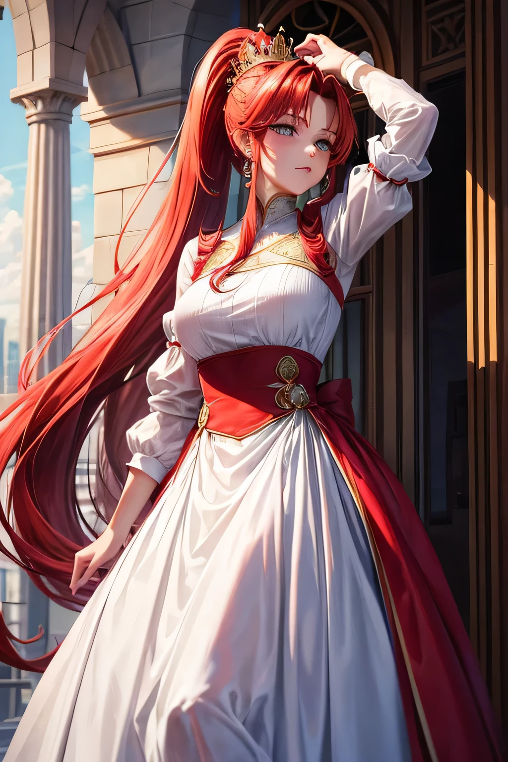 queen using dress with long red ponytail