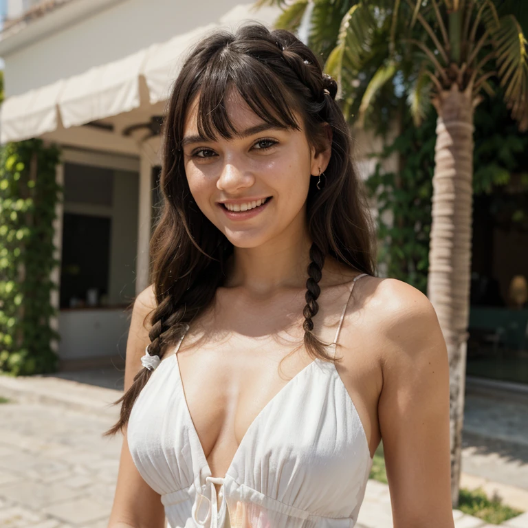 masterpiece, best quality, ultra-detailed, 1girl, laughing french braided hair, bangs, medium wavy hair, black hair, glamorous, white summer dress, Bordighera