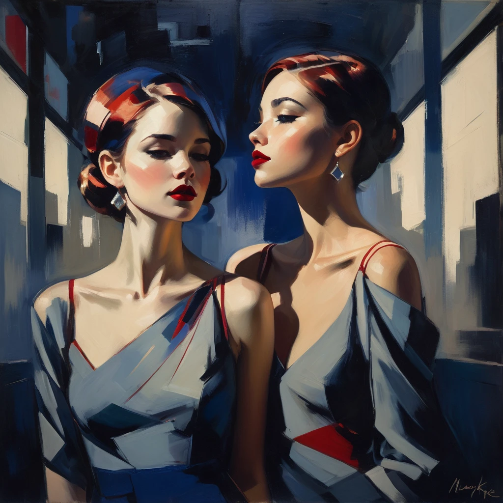 (best quality,realistic:1.37), painting of an emotional girl, snowy whimsical fantasy scene, vibrant colors of white, crimson, and royal blue mini dress, abstract shapes and lines brush strokes, poster art, emotional atmosphere. Impressive oil on canvas, Fine paintings, monochromatic. malcolm liepke oil painting, impressionist painting. art deco background