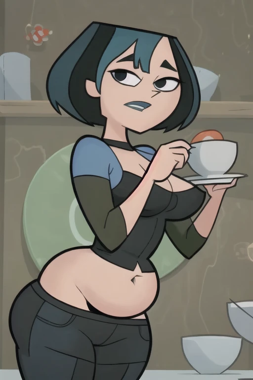 (8k, RAW photo, best quality, masterpiece:1.2), (intricate details), perfect eyes, perfect face, perfect lighting, beautiful, (masterpiece:1.2), (best quality:1.2), 1girl, cartoon style, gwentdi, solo, black eyes, face portrait, look at the viewer, huge belly, giant belly, fat belly, chubby potbelly, fat, obese, exposed navel