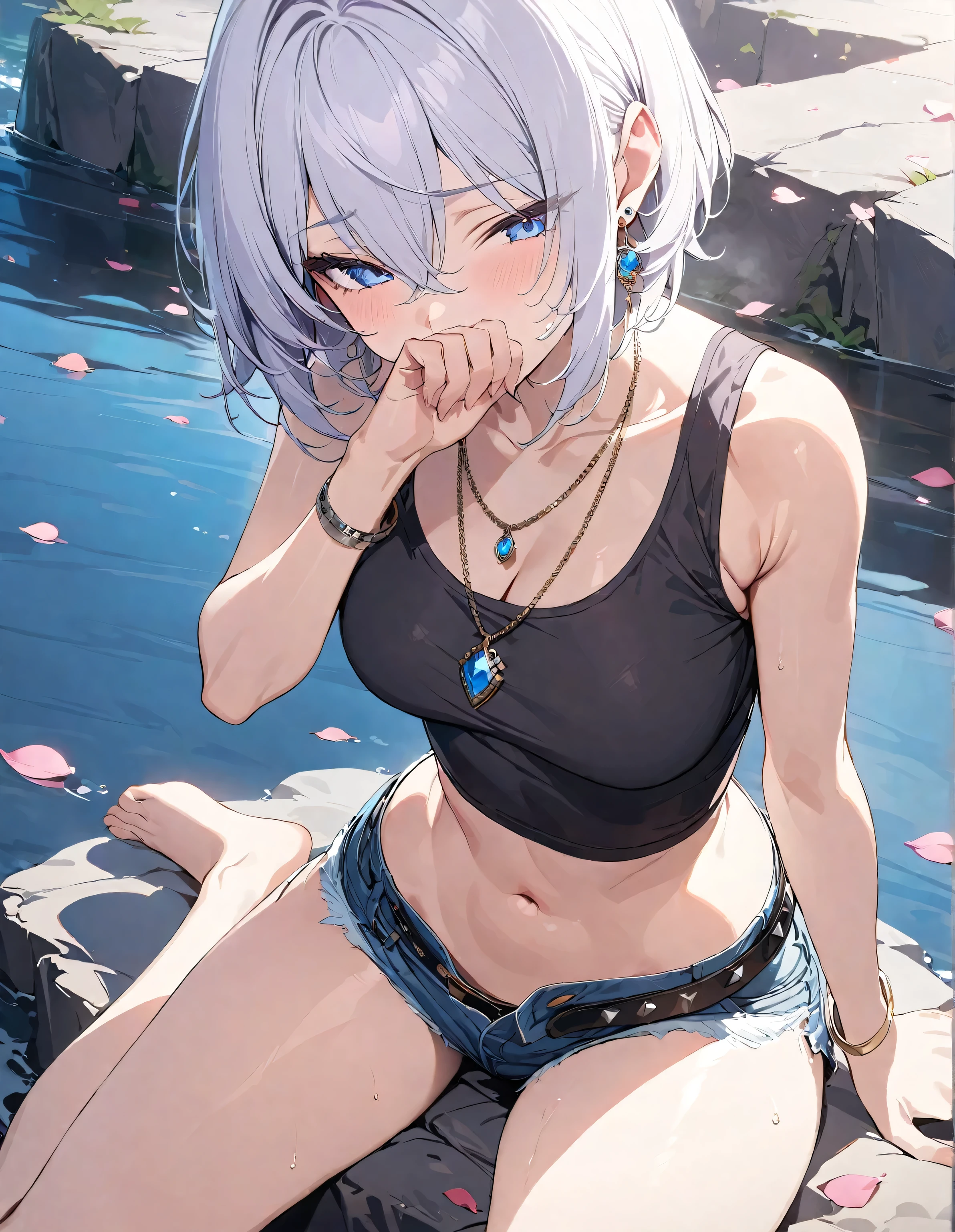 masterpiece, best quality, ultra detailed 18k cg render, (Illustration: 1.3), (Portrait:1.35), 1girl, solo, short hair, white hair, hairs between eyes, blue eyes, petals flow in the river, sitting the stone, navel-baring black shirt, denim shorts, black jacket, wide silver bangle, necklace, studs belt, Lots of earrings, barefoot, (dark skin:1.3), short hair, short shorts, 1girl, masterpiece, best quality, ultra-detailed, perfect composition, intricate details, 
(best quality,masterpiece:1.5),absurdres,highres,8k, ultra high res, official art,illustration,extremely detailed, covering mouth with hand,  looking down, {{Head down}}, from above, diagonally view shot, dutch angle,{{covering nose with hand}}