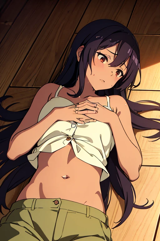(masterpiece, high quality), brown skin anime girl wearing a button up cami top and trousers, famished in hunger, (gently resting hands on stomach), (sweating), (long hair), (hands on her stomach), (lying on the floor), (hands on her stomach)