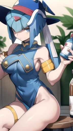leviathan_megamanz, 1 girl, looking at viewer, sitting on a stool, leaning on a bottle of tequila in her hand, cowboy dress, cowboy hat, watch on right arm, wet pussy, no bra under clothing , no panties under clothing