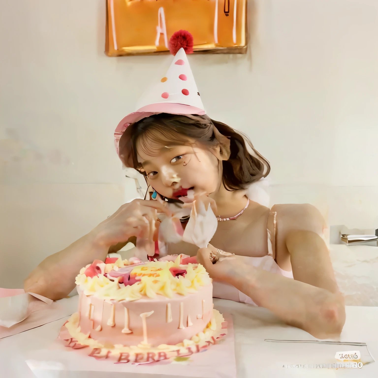 woman sitting at a table with a cake and a birthday hat, holding a Birthday cake, ulzzang, 🐿🍸🍋, luciendo un sombrero, y 2 k cutecore clowncore, comiendo pasteles, Birthday cake, 19 year old girl, 18 years, 8k)), bella delfina, 🔞🤡, Jang Wonyoung, Jennie Kim, Asian girl, chica surcoreana