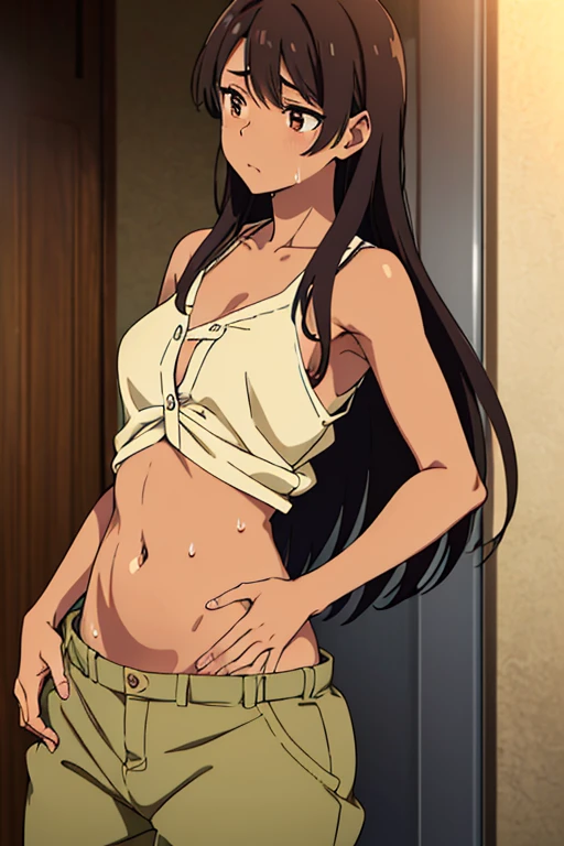 (masterpiece, high quality), brown skin anime girl wearing a button up cami top and trousers, famished in hunger, (gently resting hands on stomach), (sweating), (oily glossy skin), (long hair), (hands on her stomach)
