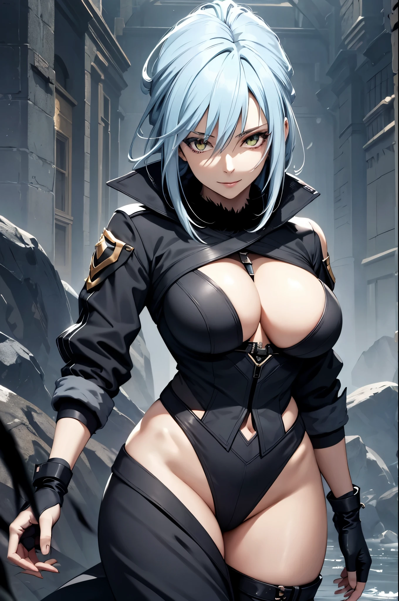 (masterpiece), best quality, expressive eyes, perfect face, highres, 1girl, solo, (female:1.5), (adult:1.5), lrd1, rimuru tempest, black blouse, black jacket, fur trim, evil smile,  fingerless gloves, eyes full of hate, landscape, standing, upper body portrait, looking at the viewer