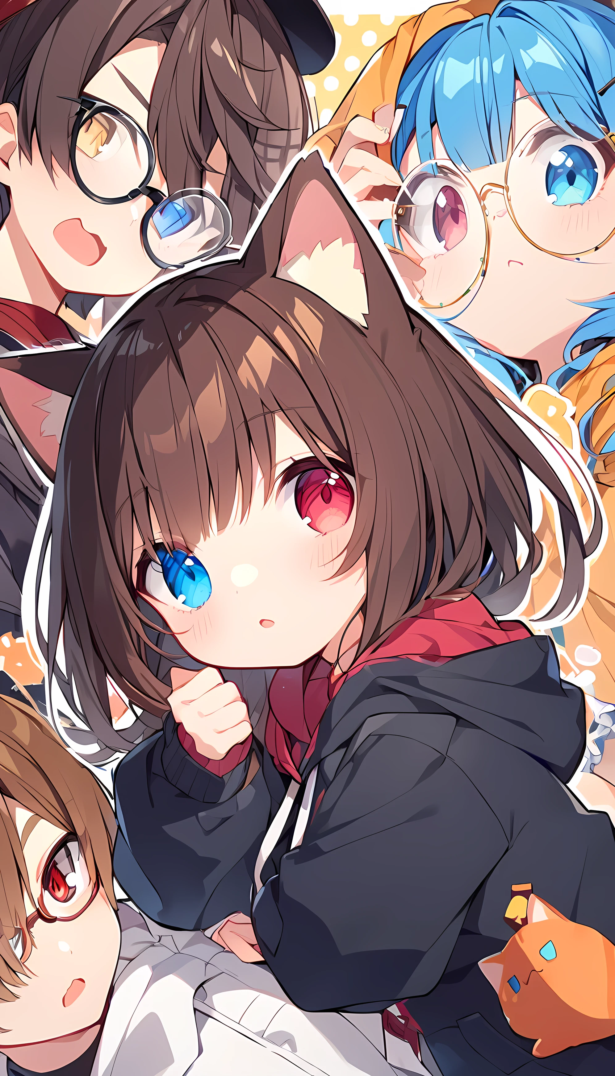 juvenile,Brown Hair,Heterochromia Red Eyes Blue Eyes,Glasses,hoodie,cute,Cat ear,Cat's Tail