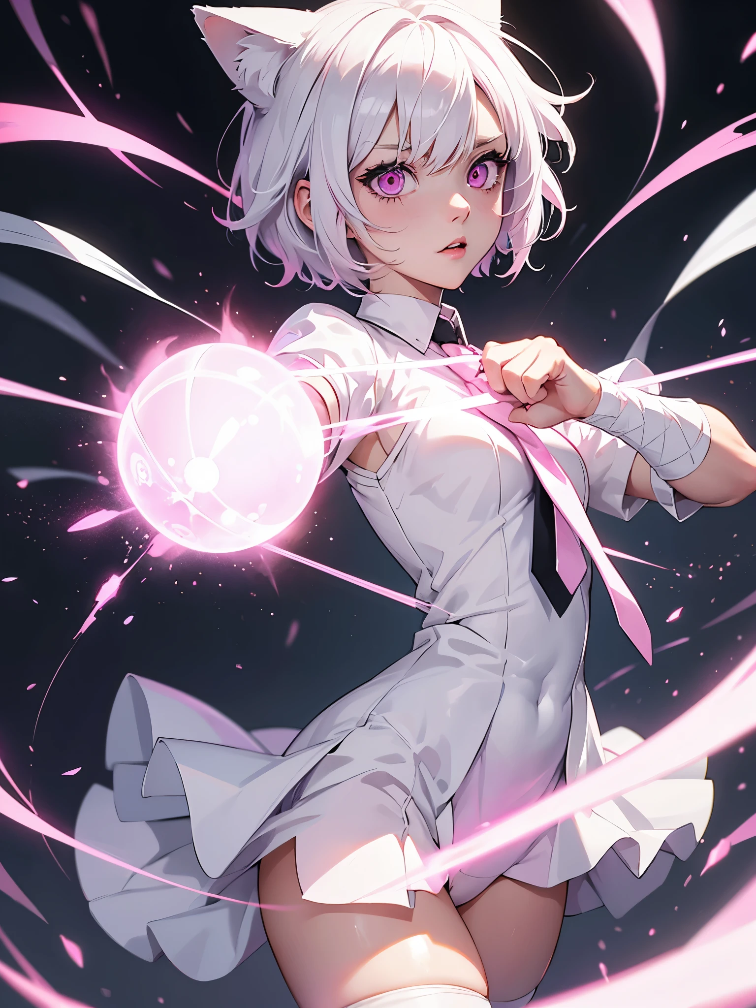 White hair. Short hair. Inner pink hair. Anime girl. Pink eyes. Glowing eyes. Nekomimi. White Black clothes. Pink tie. Bandage in elbow. Shooting energy ball.