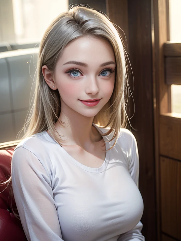 (best quality, 8k, photorealistic:1.5), (solo, one girl:1.5),(shine a bright light on women),(ultimate beautiful girl),(shiny skin),(oily skin),(Silver Ash Hair:1.3),(long hair:1.3),(cool beauty:1.5),(Blush brown makeup),(use pink glossy lipstick),(big beady eyes girl:1.5),(droopy eyes girl:1.5),(Big Eyes),(healthy body),(sweet smelling girl),(virgin girl),chuuChloe,(impressive eyes),(clean girl),(cute),(relaxing time),(compassion),(impurity),(love filled),(No love experience),(teenager:1.2),(Lovely),(university student:1.5),(smile:1.5)