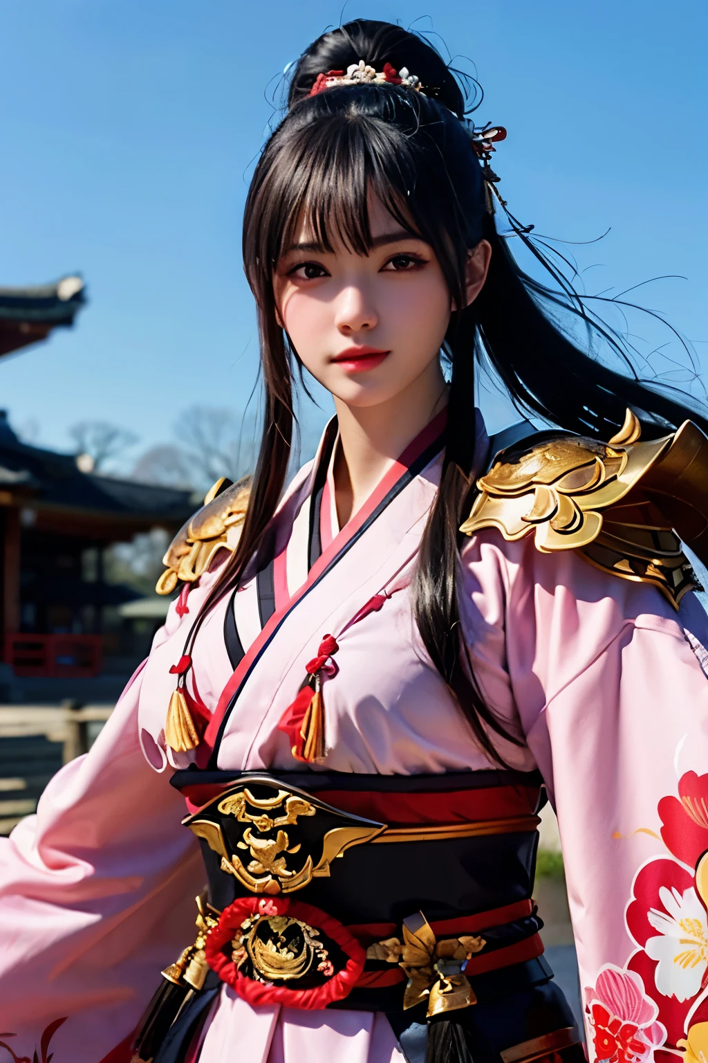 best quality,4k,8k,highres,masterpiece:1.2,ultra-detailed,realistic:1.37,female samurai,beautiful detailed eyes,beautiful detailed lips,extremely detailed eyes and face,long eyelashes,traditional Japanese sword,exquisite armor,dynamic action pose,fiery red hair flowing in the wind,sharp focus,physically-based rendering,professional,high contrast lighting,dramatic background,Japanese cherry blossoms,Japanese warrior spirit,vivid colors,artistic interpretation,traditional kimono,strength and grace,portrait,historical fantasy