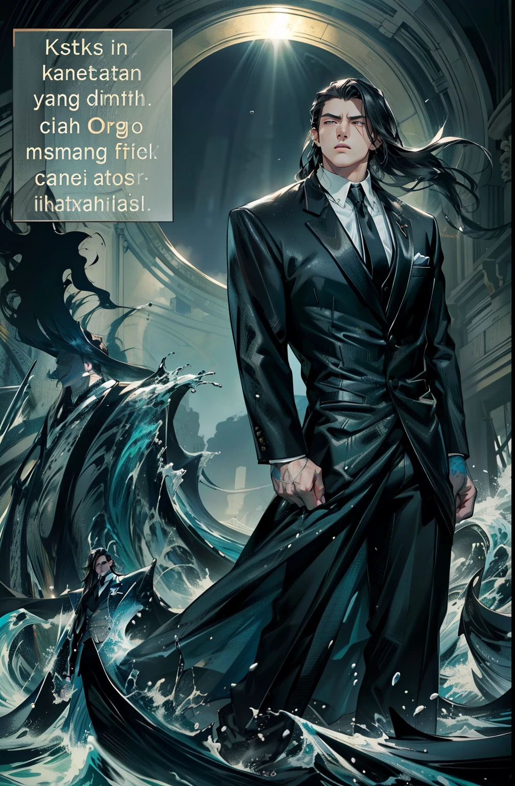 boys 26 Years old, Serious face, long slick back hair, black hair, wearing dark suits, white shirts, black tie, black pants, ocean, water