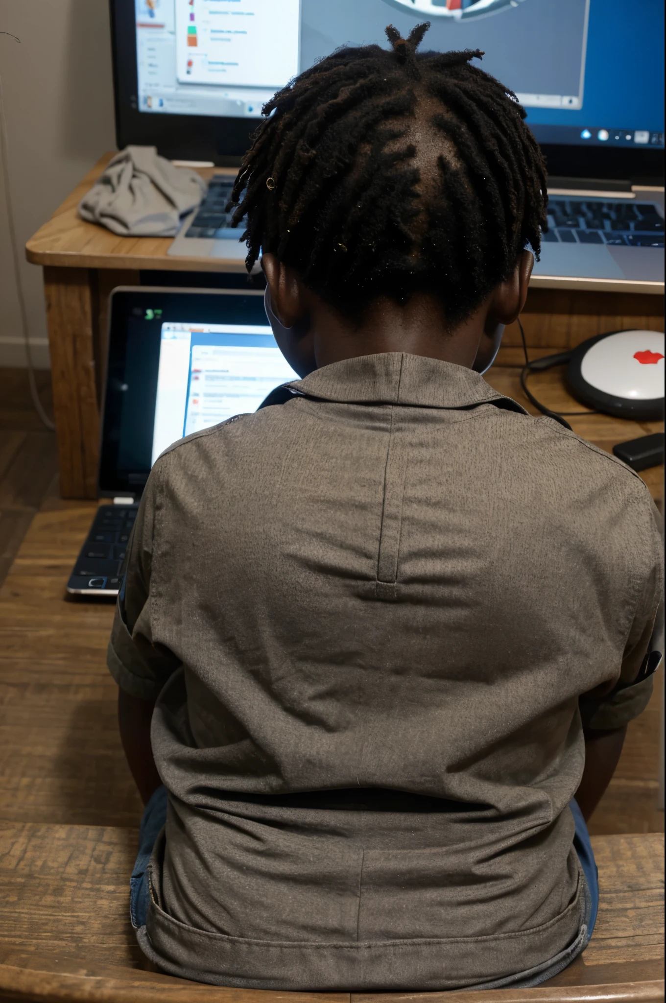 african boy play game on his old laptop with a mouse with his back facing the camera, realistic, high detail