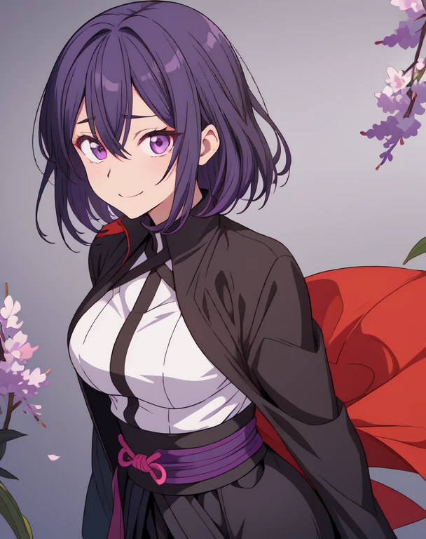 Mucho estilo, Jujutsu Kaisen, Estilo Jujutsu Kaisen, Chica de cabello violeta oscuro, Flor lila en la parte superior de su cabeza, ojos lilas, medium breasts, ropa uniforme jujutsu kaisen, sonriente