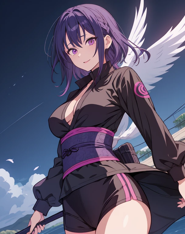 Mucho estilo, Jujutsu Kaisen, Estilo Jujutsu Kaisen, Chica de cabello violeta oscuro, Flor lila en la parte superior de su cabeza, ojos lilas, medium breasts, ropa uniforme jujutsu kaisen, sonriente