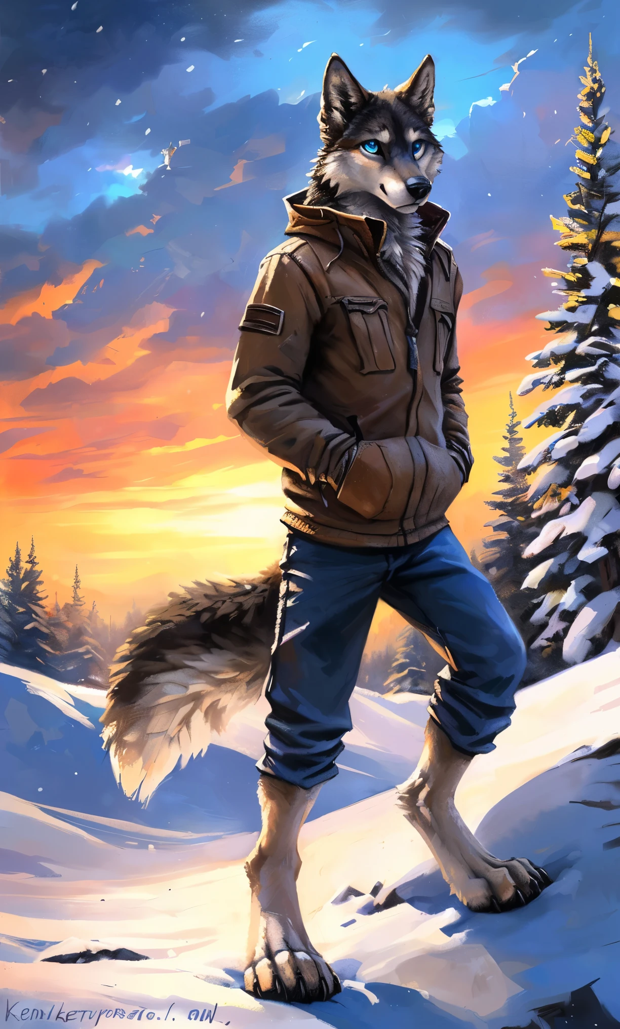 ((Solo)), male people, anthro wolf, (Multi-colored fur, White-brown:1.3,White tail pointed), (Height 2.1m,Tail length 1.2m), ((Wolf face, Big eyes, White eyelids, Blue pupil, Slim:1.2) (Tough, Calm expression:1.2)), Slim, pinging)), (Correct anatomy), (Winter clothing:1.1), The upper body naked, (detailed outfits),A long big tail,Feet,(Realistic fur, Detailed fur texture, labeled:1.3)), (Natural lighting), Photorealistic, Hyperrealistic, ultradetailed, by Kenket,Snowfield,erect through,Running on