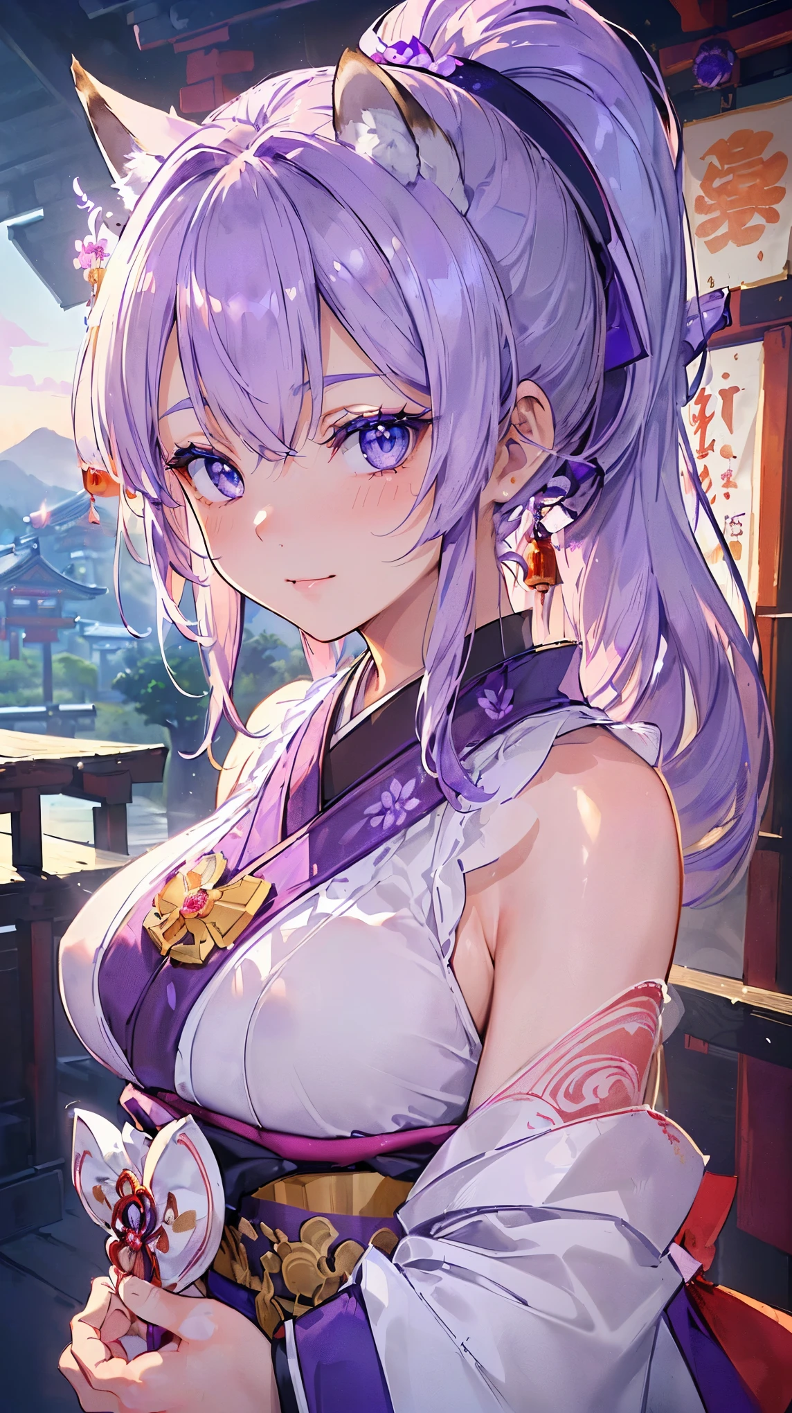 (((Masterpiece))), (((Highest quality))), ((Ultra-detailed)), ((Super fine illustration)), ((Ultra-fine painting)), (16K highest quality wallpaper:1.4), (Upper body:1.6), HDR, (Highly detailed and delicate illustration style:1.8), Detailed skin texture, Detailed cloth texture, Extreme detailed description, (T-masterpiece), (Highly detailed face:1.2), (Highly detailed Purple fox ears:1.2), (Highly detailed shiny Purple ponytail:1.2), (Highly detailed beautiful eyes:1.2), Original, RAW photo, Professional, Intricate details, Super details, Direct light:1.6, (Perfect anatomy:1.4), (Highly detailed hands:1.2), (Highly detailed fingers:1.2), (Highly detailed fingertips:1.2), (27-years-old), Real, (Solo:1.6), ((A very beautiful and attractive Purple fox model who is a messenger of God and a traditional Japanese sacred shrine maiden:1.4))
BRAKE
(Beautiful and adorable Purple fox ears:1.6), (Highly detailed and delicate Purple fox ears:1.2), (Beautiful and well-shaped big breasts:1.2), (Beautiful and well-shaped buttocks), (Beautiful and shiny Purple ponytail:1.6), (Highly detailed and delicate Purple ponytail:1.2), (Beautiful clear blue eyes that shine with great detail:1.6), (Highly detailed and delicate blue eyes:1.2), (Highly detailed face:1.4), (Smile:1.3), (Blush:1.2), (Looking at viewer:1.4), (Celebration:1.4)
BRAKE
((Brightly White and Purple colored) and divine traditional shrine maiden costumes at Japanese shrines:1.4), (Japanese divine traditional costume:1.2)
BRAKE
(Highly detailed and beautiful Ise Grand Shrine in Mie Prefecture just after noon in spring in the background:1.6), (Celebration:1.4), Ise Grand Shrine:1.2, Highly beautiful in the sunny sky background just after noon:1.2
BRAKE