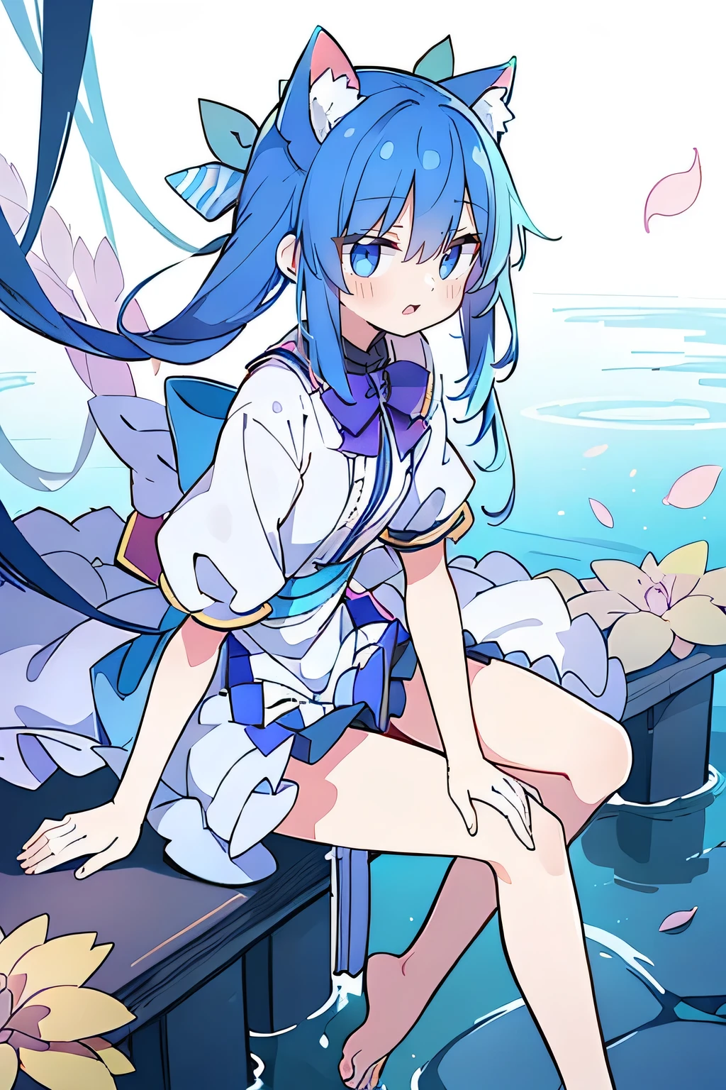 (masterpiece:1.2),ultra-detailed,realistic,expressive eyes,fair-skinned,perfectly shaped face,1girl,
Japanese cartoons,Gorgeous blue hair, flowing blue hair,floating clothes,cat ears,petals falling,beautiful Lola,Hina Angel,
hands on waist,gracefully sitting on the ground,legs crossed,gentle and serene background,cool and comfortable pavilion,smile.