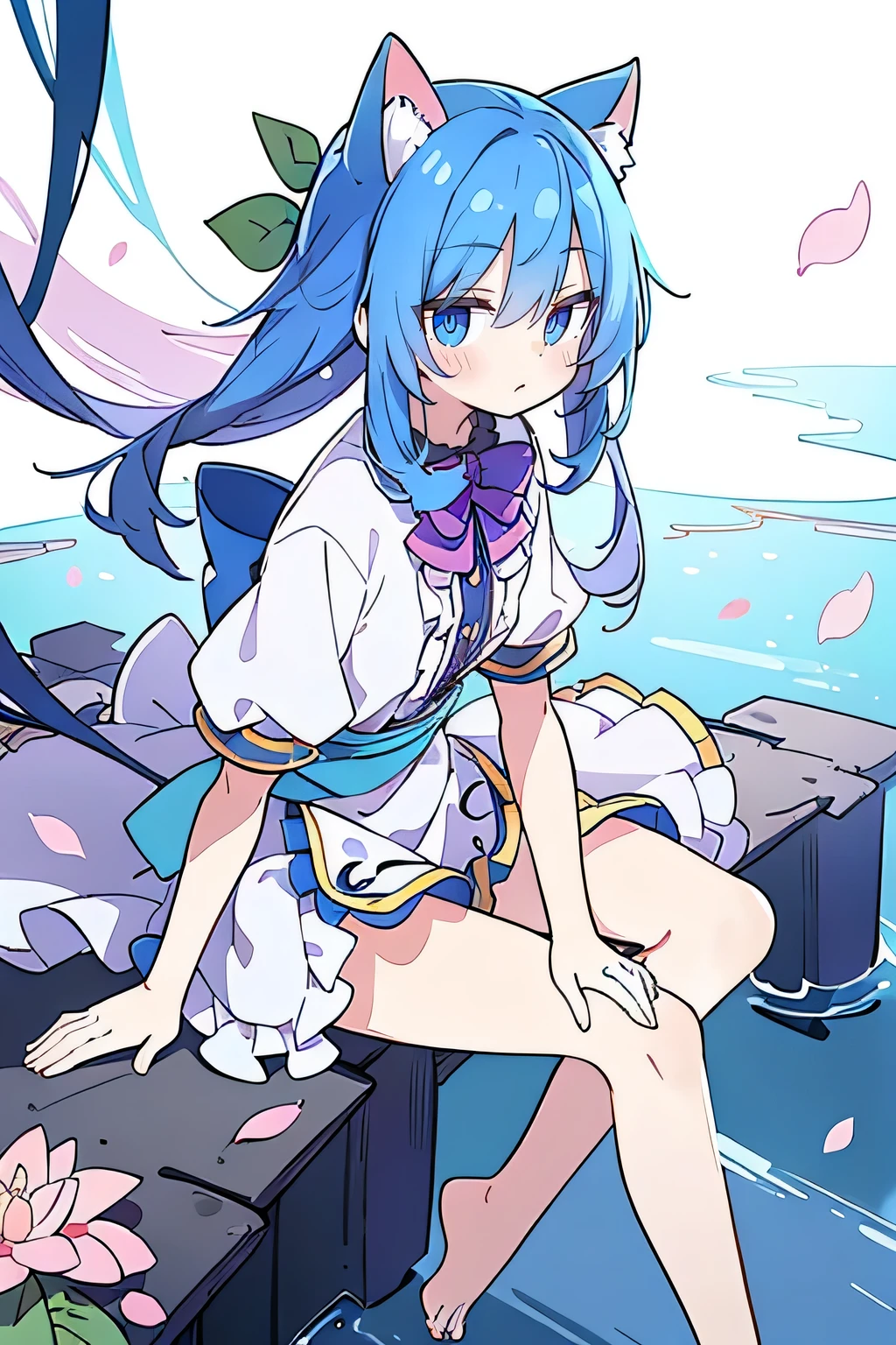 (masterpiece:1.2),ultra-detailed,realistic,expressive eyes,fair-skinned,perfectly shaped face,1girl,
Japanese cartoons,Gorgeous blue hair, flowing blue hair,floating clothes,cat ears,petals falling,beautiful Lola,Hina Angel,
hands on waist,gracefully sitting on the ground,legs crossed,gentle and serene background,cool and comfortable pavilion,smile.