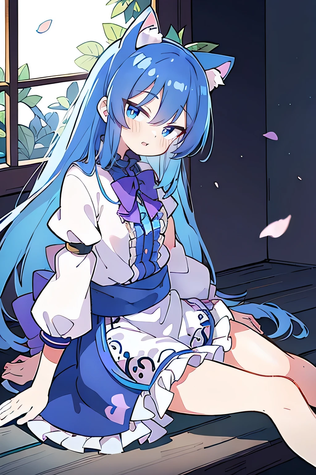 (masterpiece:1.2),ultra-detailed,realistic,expressive eyes,fair-skinned,perfectly shaped face,1girl,
Japanese cartoons,Gorgeous blue hair, flowing blue hair,floating clothes,cat ears,petals falling,beautiful Lola,Hina Angel,
hands on waist,gracefully sitting on the ground,legs crossed,gentle and serene background,cool and comfortable pavilion,smile.