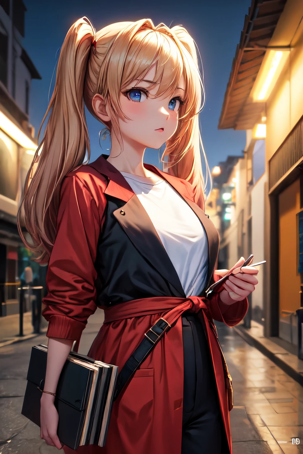 obra de arte, melhor qualidade, HuTaoV4, 1 garota, Sozinho, corar, twintails, Cabelo longo, cabelo entre os olhos, ((roupas de rua)), cidade, ao ar livre, noite, Movie poster, 8K extremamente detalhado, suave, high resolution, ultra qualidade, cinematic lighting, Ambient Occlusion, High definition, 2k, 4K, 8k, 16K, anime extremamente detalhado, rostos detalhados, perfect composition, plano amplo, Atmospheric lighting, saia elevadora