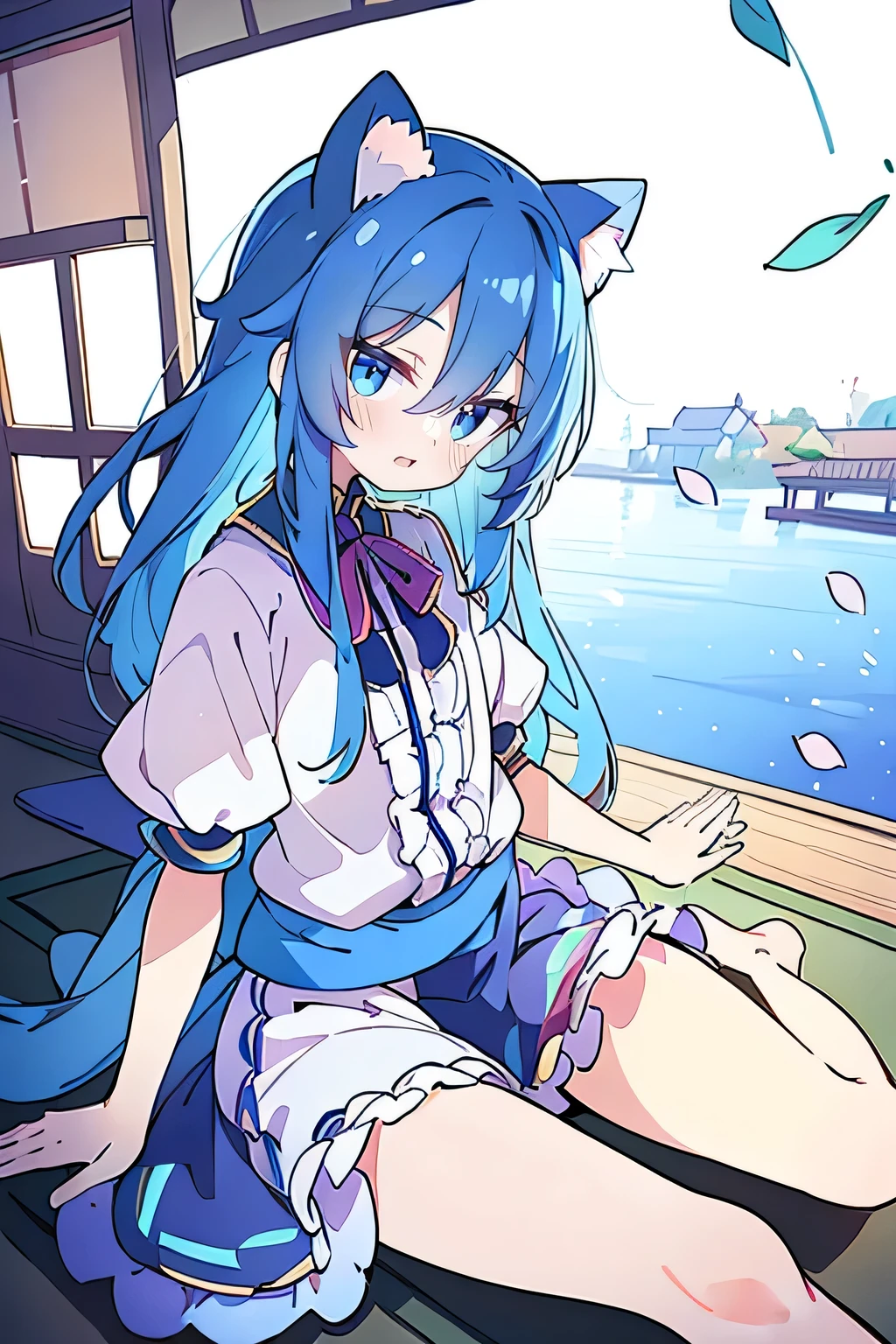 (masterpiece:1.2),ultra-detailed,realistic,expressive eyes,fair-skinned,perfectly shaped face,1girl,
Japanese cartoons,Gorgeous blue hair, flowing blue hair,floating clothes,cat ears,petals falling,beautiful Lola,Hina Angel,
hands on waist,gracefully sitting on the ground,legs crossed,gentle and serene background,cool and comfortable pavilion,smile.